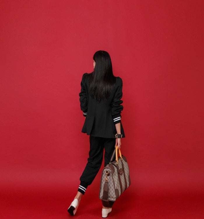 CM-SY022143 Women Elegant European Style Lapel Neckline Long Sleeve Coat With Long Pants - Set