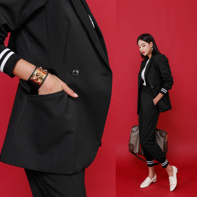 CM-SY022143 Women Elegant European Style Lapel Neckline Long Sleeve Coat With Long Pants - Set