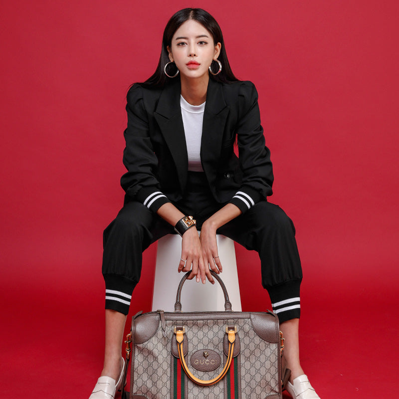 CM-SY022143 Women Elegant European Style Lapel Neckline Long Sleeve Coat With Long Pants - Set