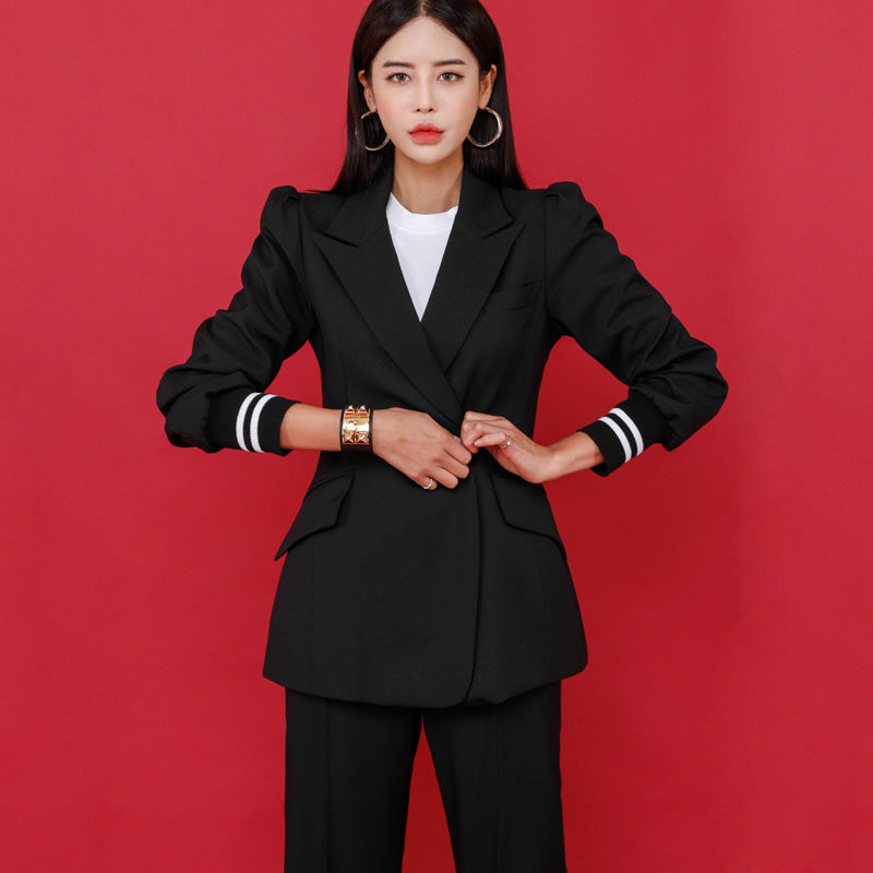 CM-SY022143 Women Elegant European Style Lapel Neckline Long Sleeve Coat With Long Pants - Set