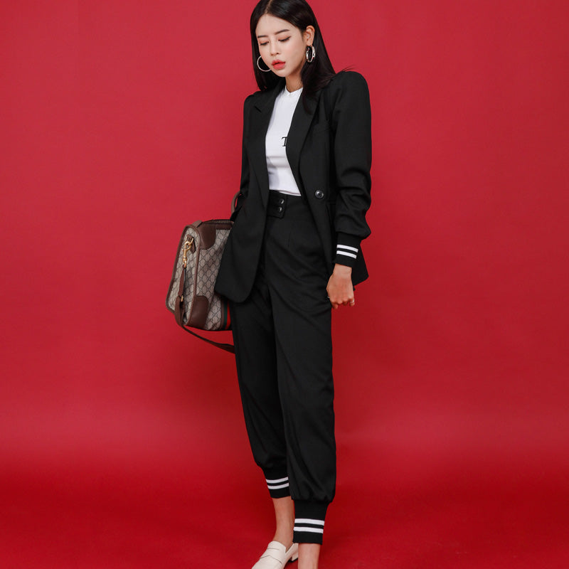 CM-SY022143 Women Elegant European Style Lapel Neckline Long Sleeve Coat With Long Pants - Set