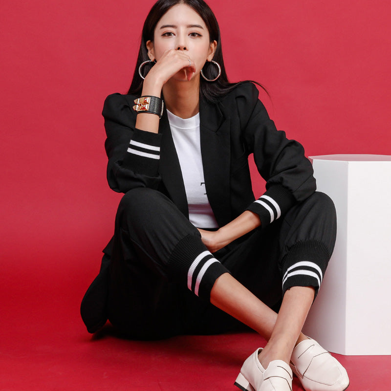 CM-SY022143 Women Elegant European Style Lapel Neckline Long Sleeve Coat With Long Pants - Set