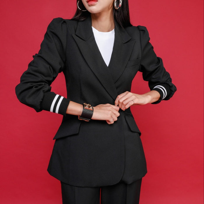 CM-SY022143 Women Elegant European Style Lapel Neckline Long Sleeve Coat With Long Pants - Set
