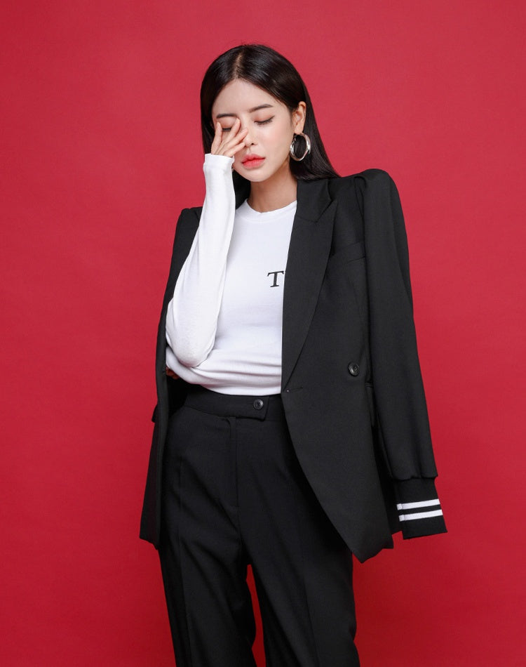 CM-SY022143 Women Elegant European Style Lapel Neckline Long Sleeve Coat With Long Pants - Set