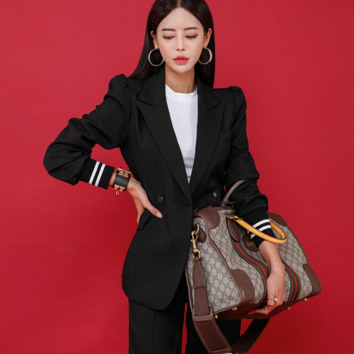 CM-SY022143 Women Elegant European Style Lapel Neckline Long Sleeve Coat With Long Pants - Set