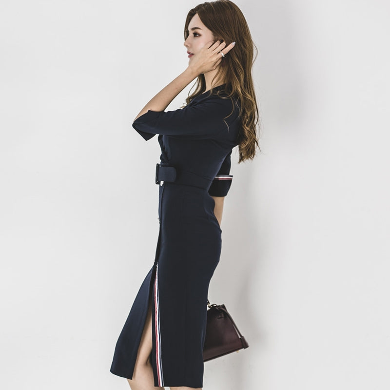 CM-DY022155 Women Elegant Seoul Style Suit Collar 3/4 Sleeve Double Breasted Midi Dress - Navy Blue