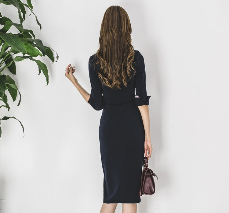 CM-DY022155 Women Elegant Seoul Style Suit Collar 3/4 Sleeve Double Breasted Midi Dress - Navy Blue