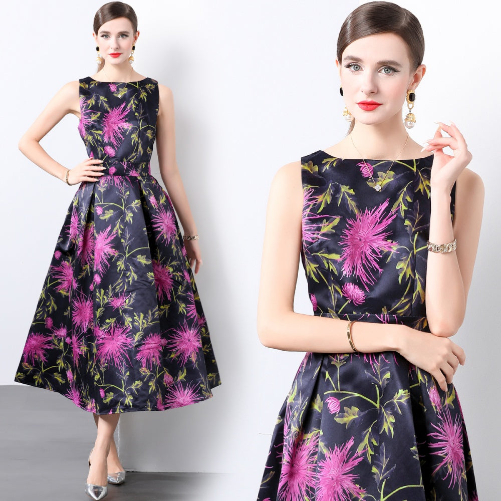 CM-DY022157 Women Elegant European Style Round Neck Sleeveless Pinched Waist Dress