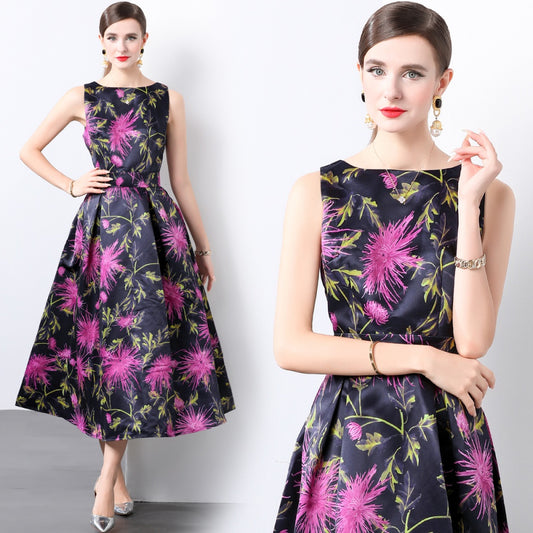 CM-DY022157 Women Elegant European Style Round Neck Sleeveless Pinched Waist Dress