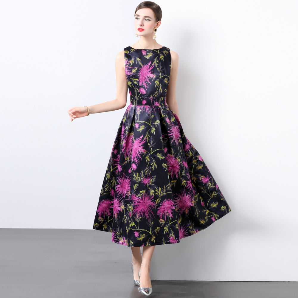 CM-DY022157 Women Elegant European Style Round Neck Sleeveless Pinched Waist Dress