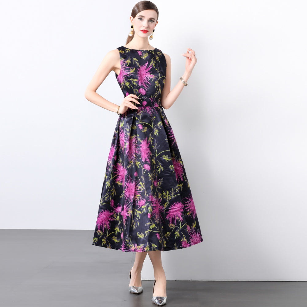 CM-DY022157 Women Elegant European Style Round Neck Sleeveless Pinched Waist Dress