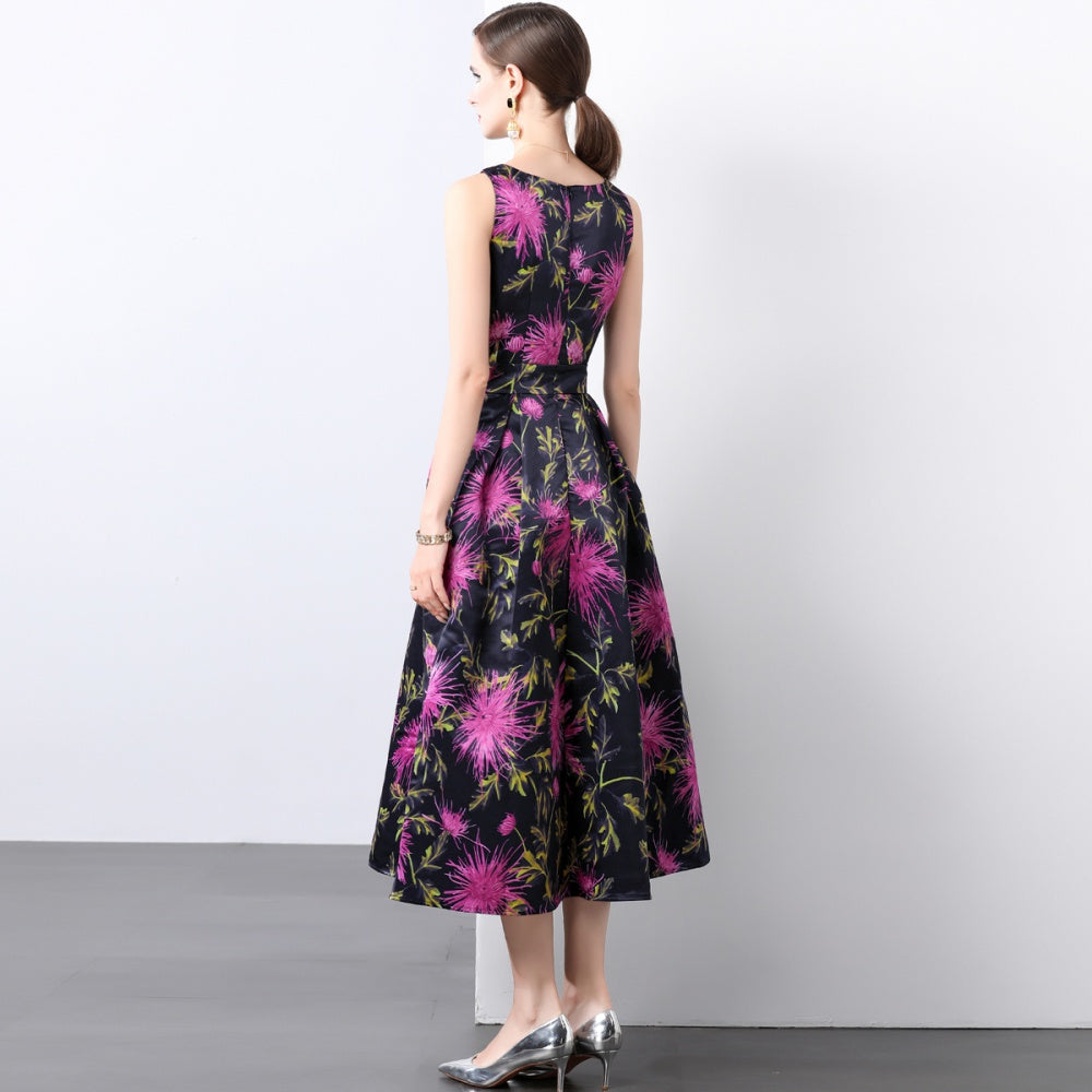 CM-DY022157 Women Elegant European Style Round Neck Sleeveless Pinched Waist Dress