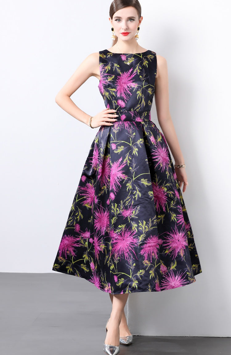 CM-DY022157 Women Elegant European Style Round Neck Sleeveless Pinched Waist Dress