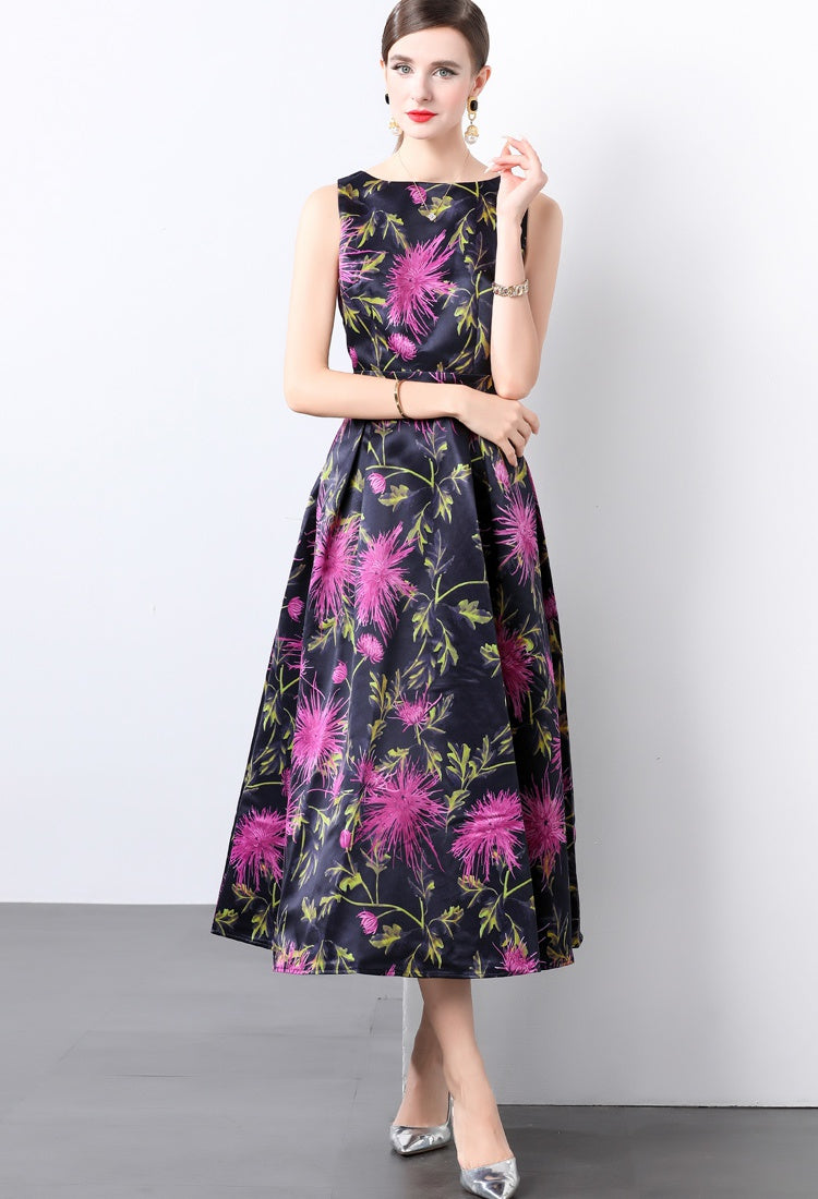 CM-DY022157 Women Elegant European Style Round Neck Sleeveless Pinched Waist Dress