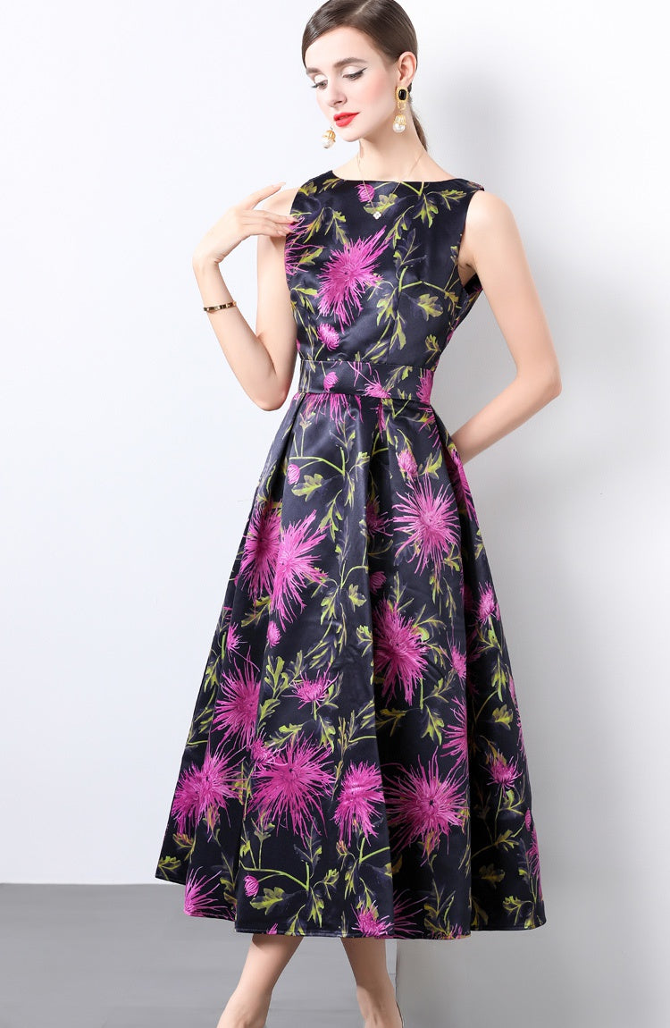 CM-DY022157 Women Elegant European Style Round Neck Sleeveless Pinched Waist Dress