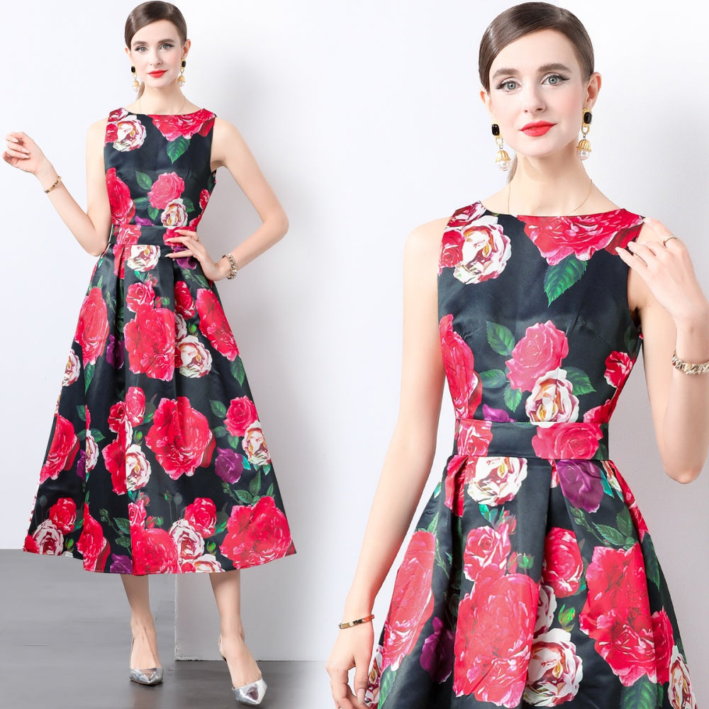 CM-DY022158 Women Elegant European Style High Waist Sleeveless Floral Print Dress
