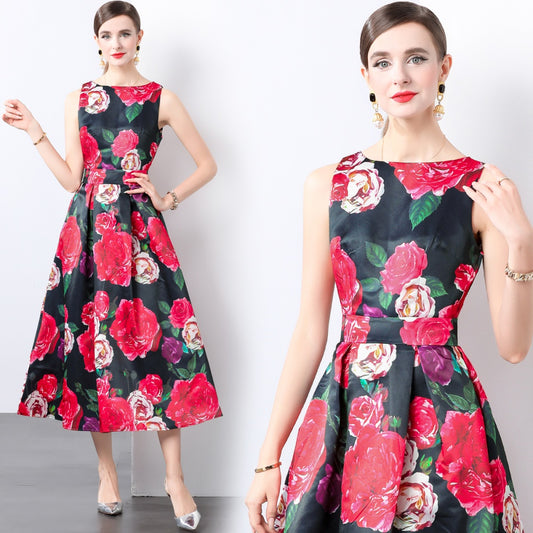 CM-DY022158 Women Elegant European Style High Waist Sleeveless Floral Print Dress