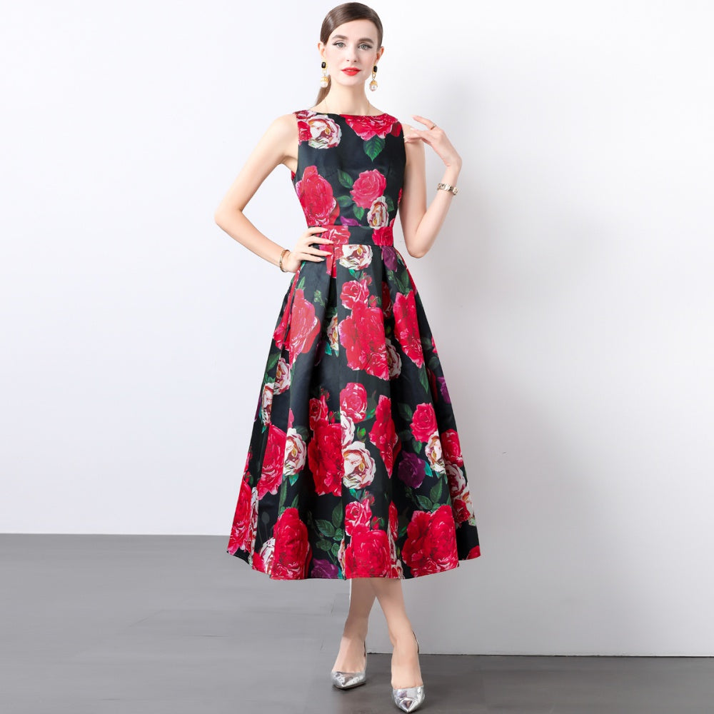 CM-DY022158 Women Elegant European Style High Waist Sleeveless Floral Print Dress