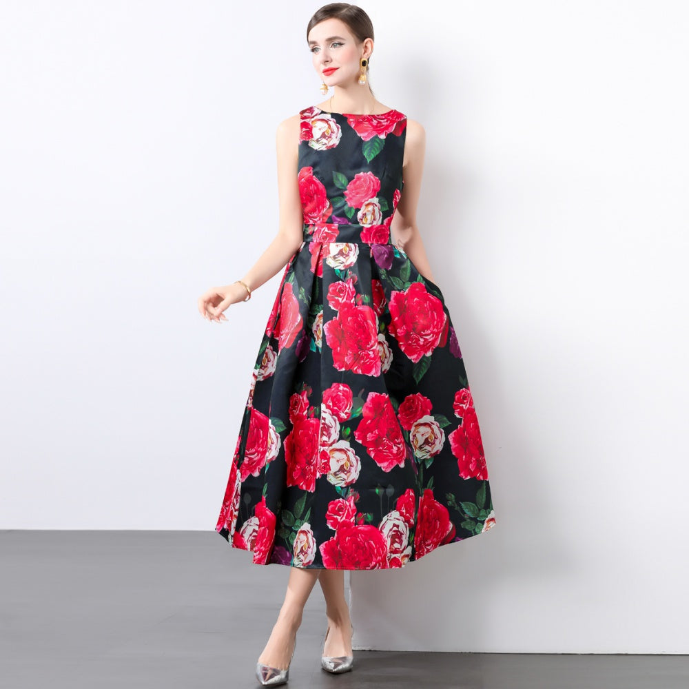 CM-DY022158 Women Elegant European Style High Waist Sleeveless Floral Print Dress