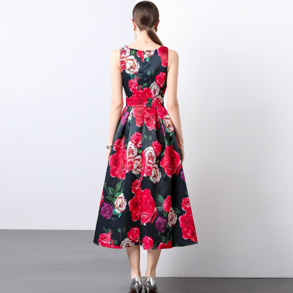 CM-DY022158 Women Elegant European Style High Waist Sleeveless Floral Print Dress