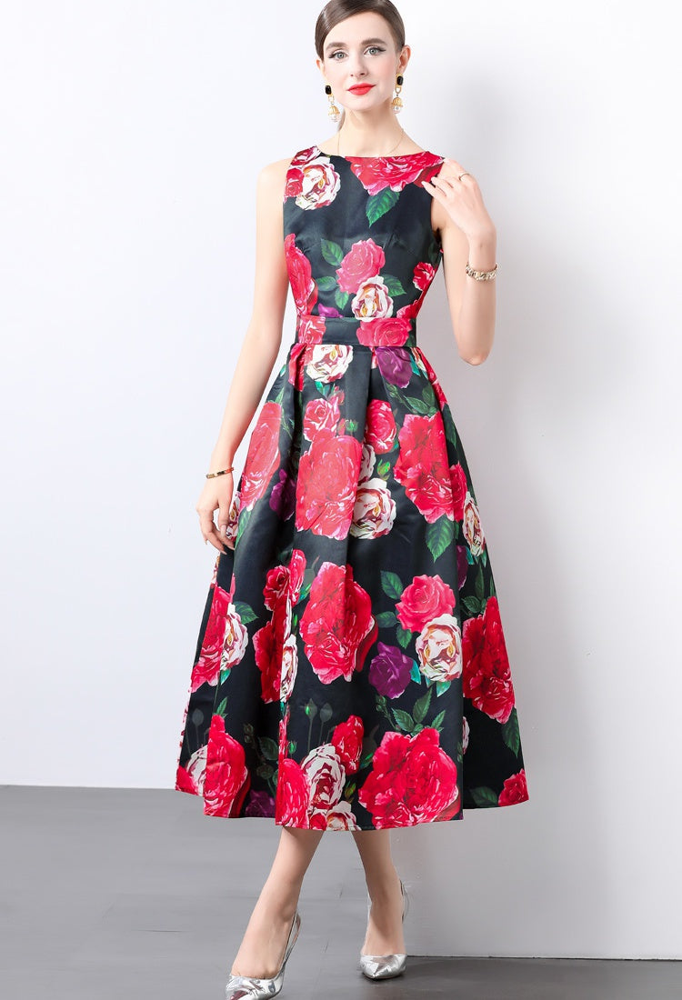 CM-DY022158 Women Elegant European Style High Waist Sleeveless Floral Print Dress