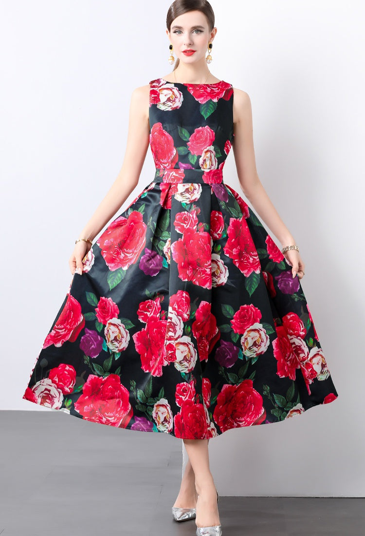 CM-DY022158 Women Elegant European Style High Waist Sleeveless Floral Print Dress