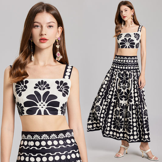 CM-SY022229 Women Trendy Bohemian Style Square Neck Spaghetti Strap Crop Top With Long Skirt - Set