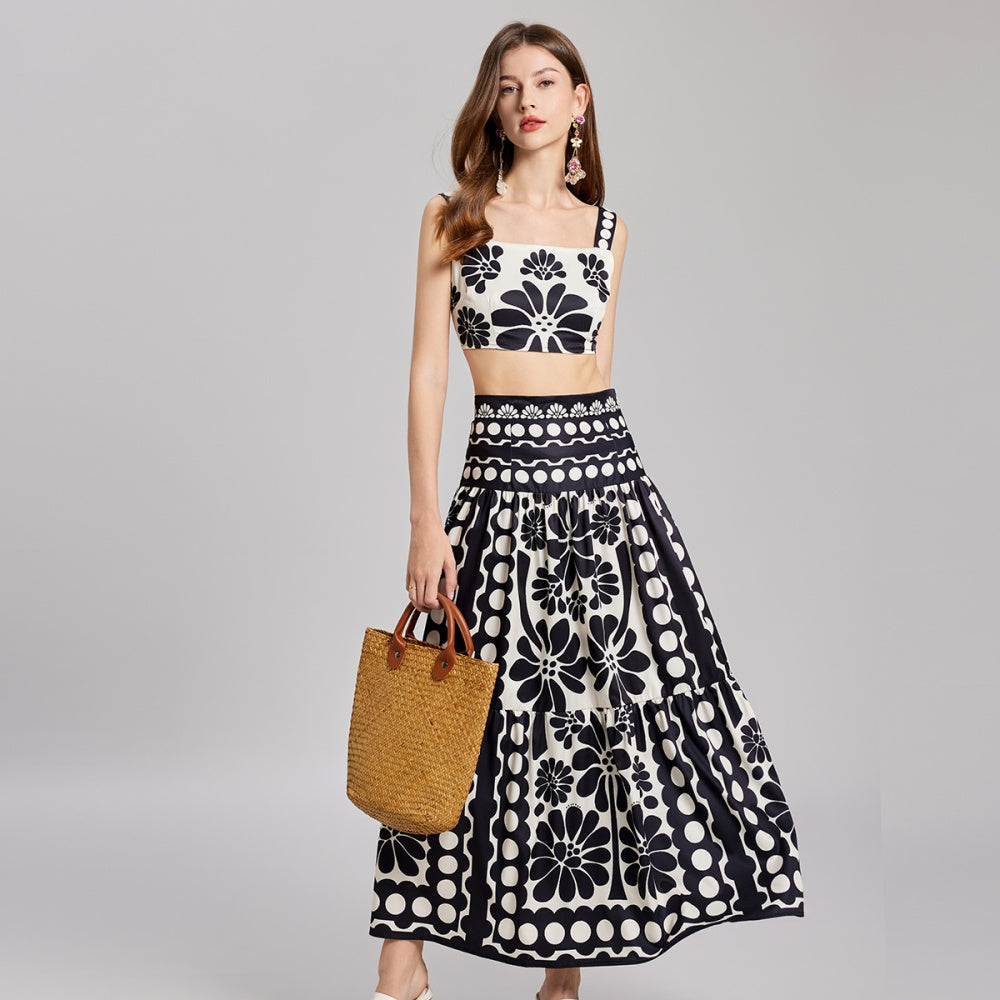 CM-SY022229 Women Trendy Bohemian Style Square Neck Spaghetti Strap Crop Top With Long Skirt - Set