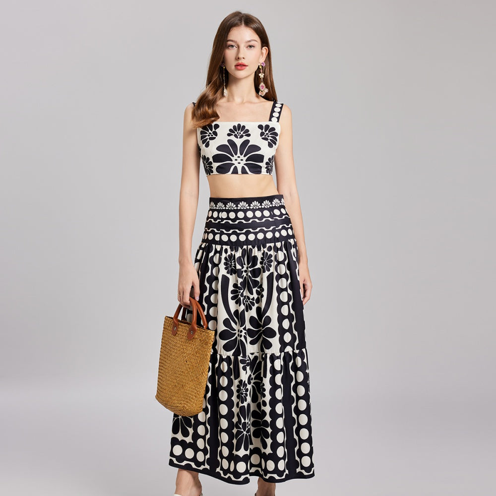 CM-SY022229 Women Trendy Bohemian Style Square Neck Spaghetti Strap Crop Top With Long Skirt - Set