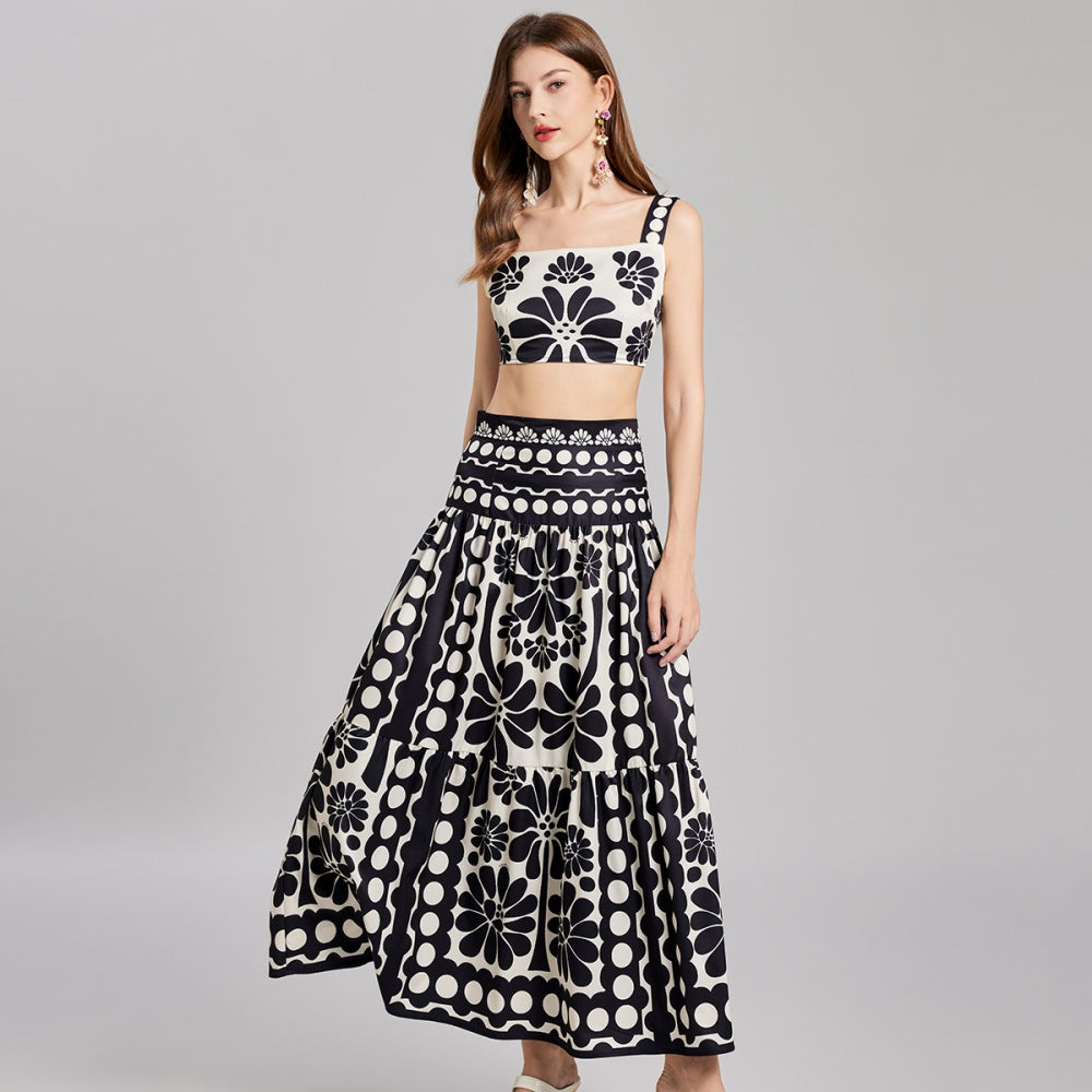 CM-SY022229 Women Trendy Bohemian Style Square Neck Spaghetti Strap Crop Top With Long Skirt - Set