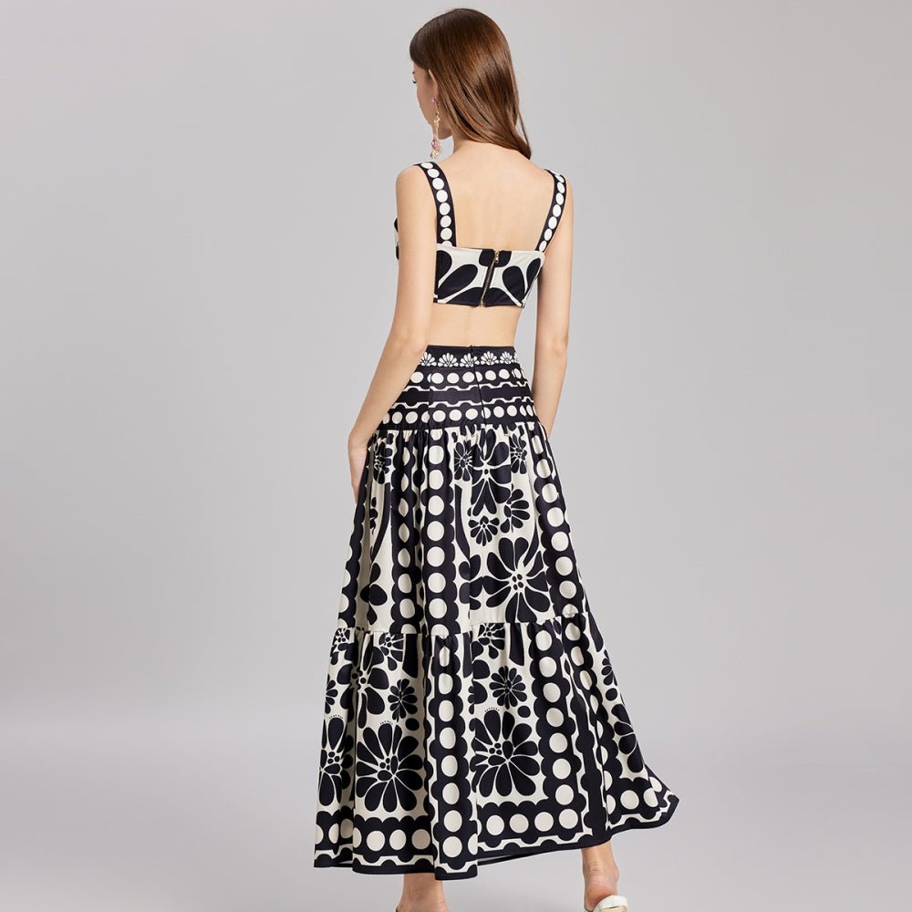 CM-SY022229 Women Trendy Bohemian Style Square Neck Spaghetti Strap Crop Top With Long Skirt - Set