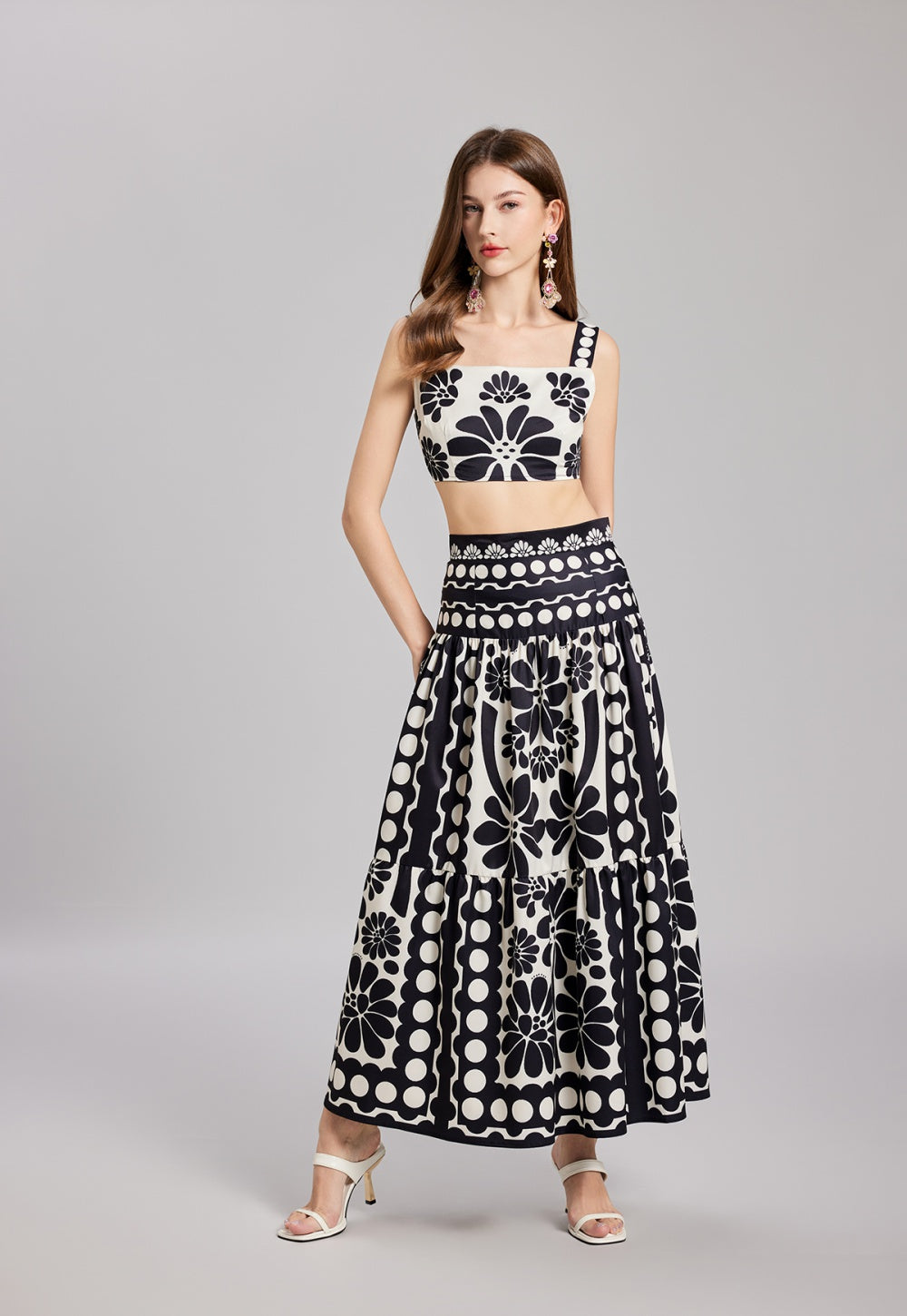 CM-SY022229 Women Trendy Bohemian Style Square Neck Spaghetti Strap Crop Top With Long Skirt - Set