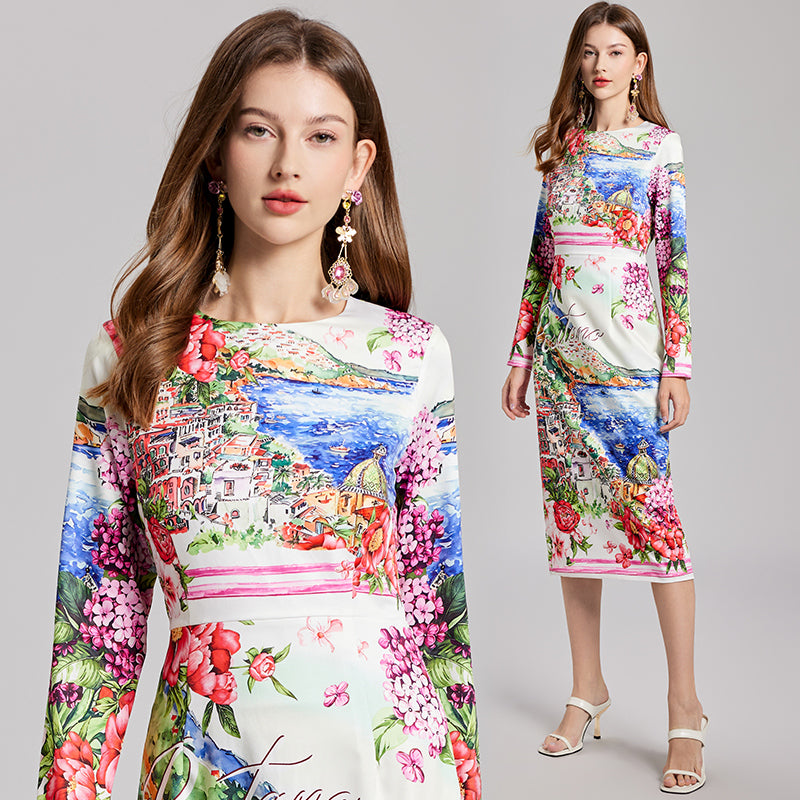 CM-DY022230 Women Casual European Style Round Neck High Waist Long Sleeve Midi Dress