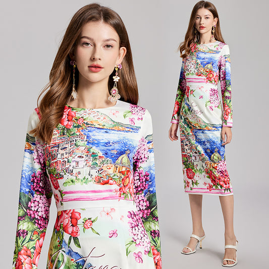 CM-DY022230 Women Casual European Style Round Neck High Waist Long Sleeve Midi Dress