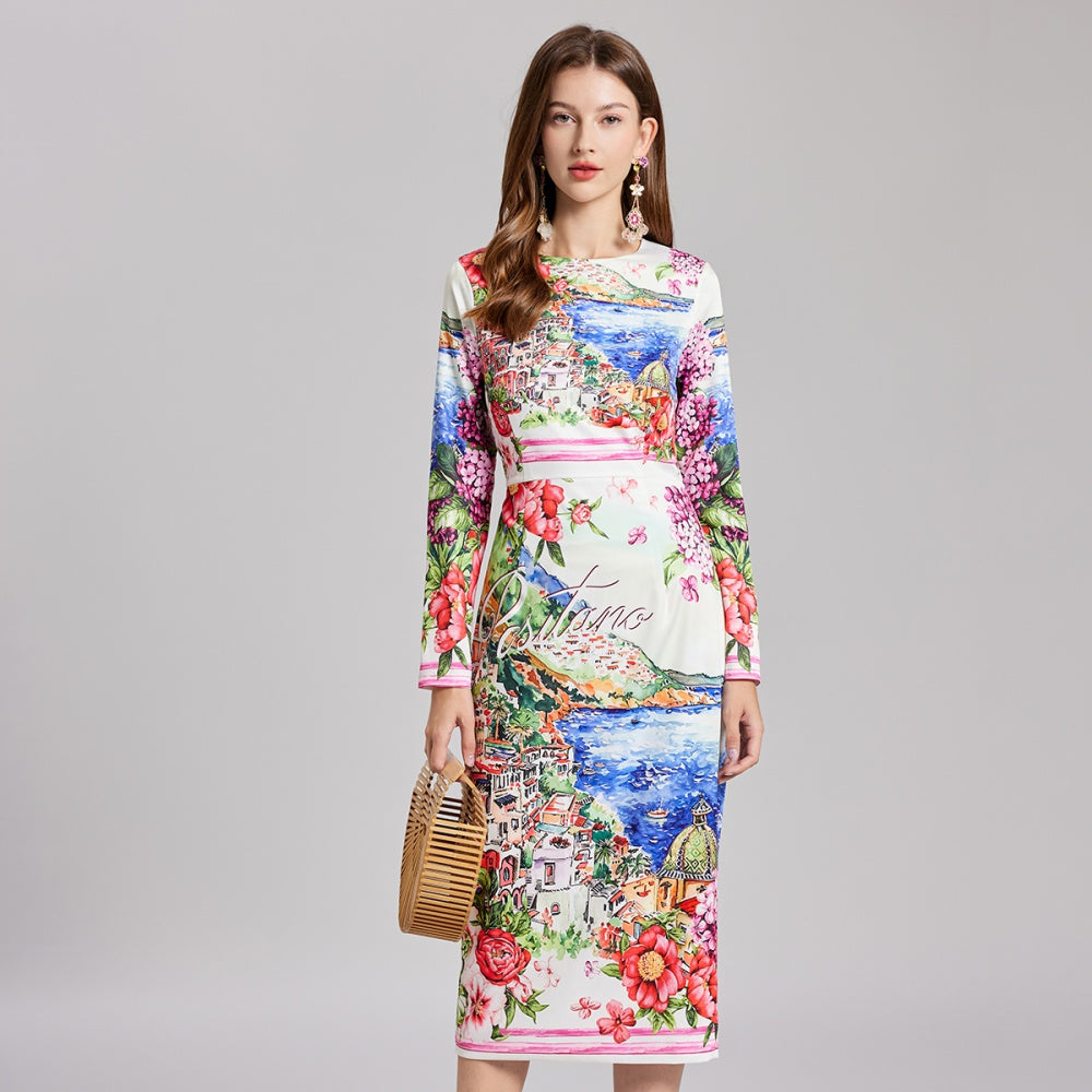 CM-DY022230 Women Casual European Style Round Neck High Waist Long Sleeve Midi Dress