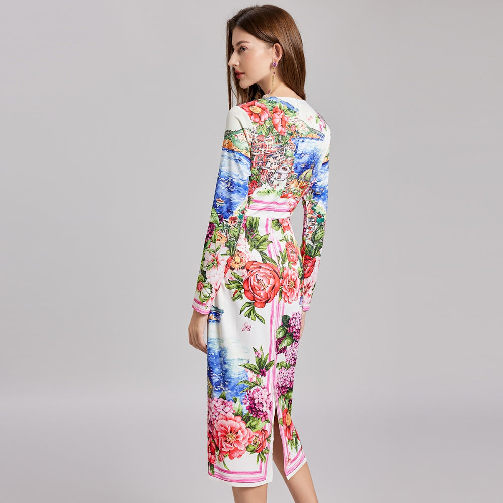 CM-DY022230 Women Casual European Style Round Neck High Waist Long Sleeve Midi Dress