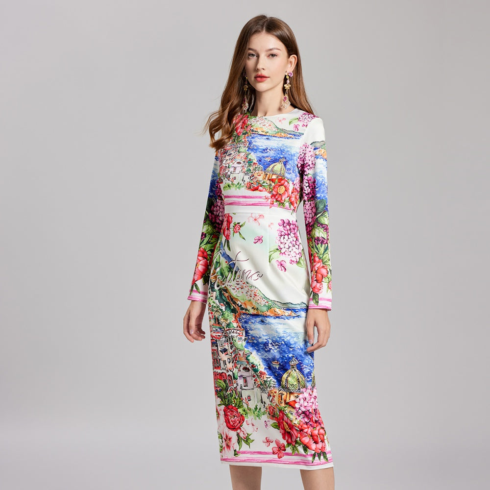 CM-DY022230 Women Casual European Style Round Neck High Waist Long Sleeve Midi Dress