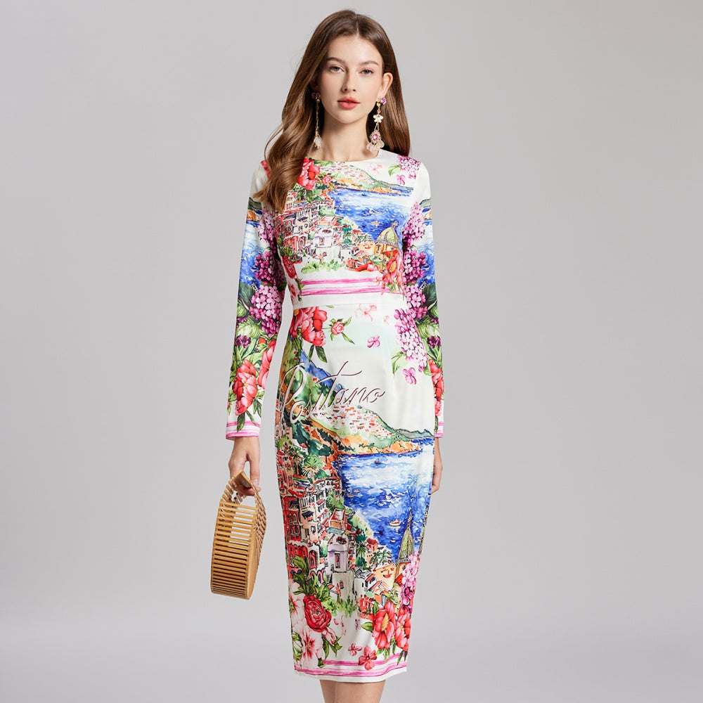 CM-DY022230 Women Casual European Style Round Neck High Waist Long Sleeve Midi Dress