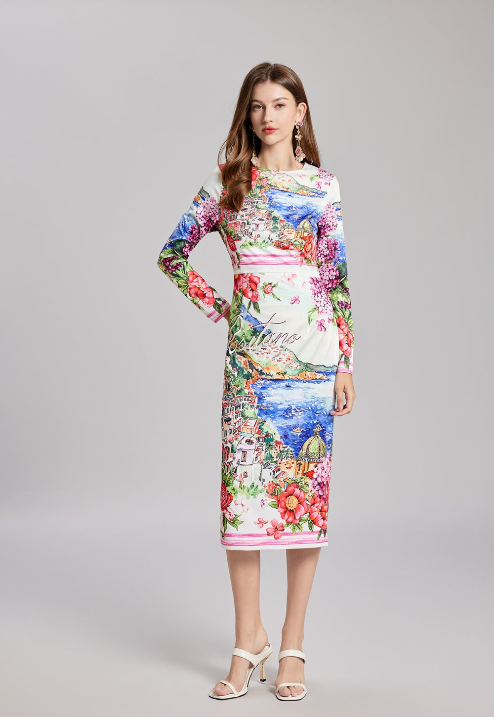 CM-DY022230 Women Casual European Style Round Neck High Waist Long Sleeve Midi Dress