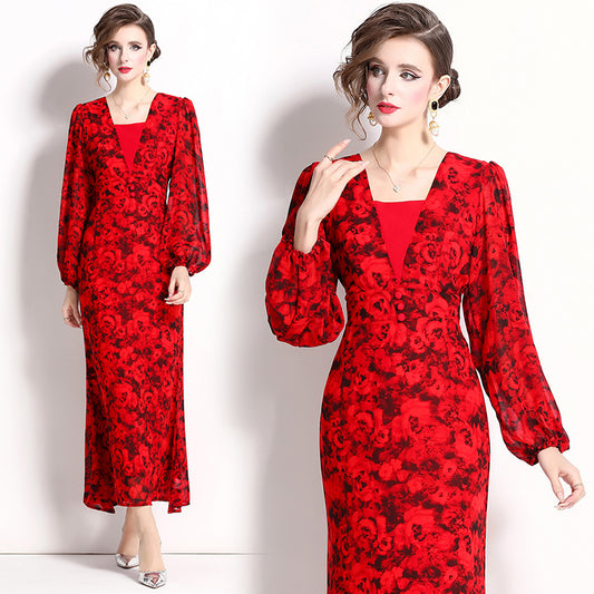 CM-DY022498 Women Elegant European Style Floral Print Lantern Sleeve Chiffon Dress