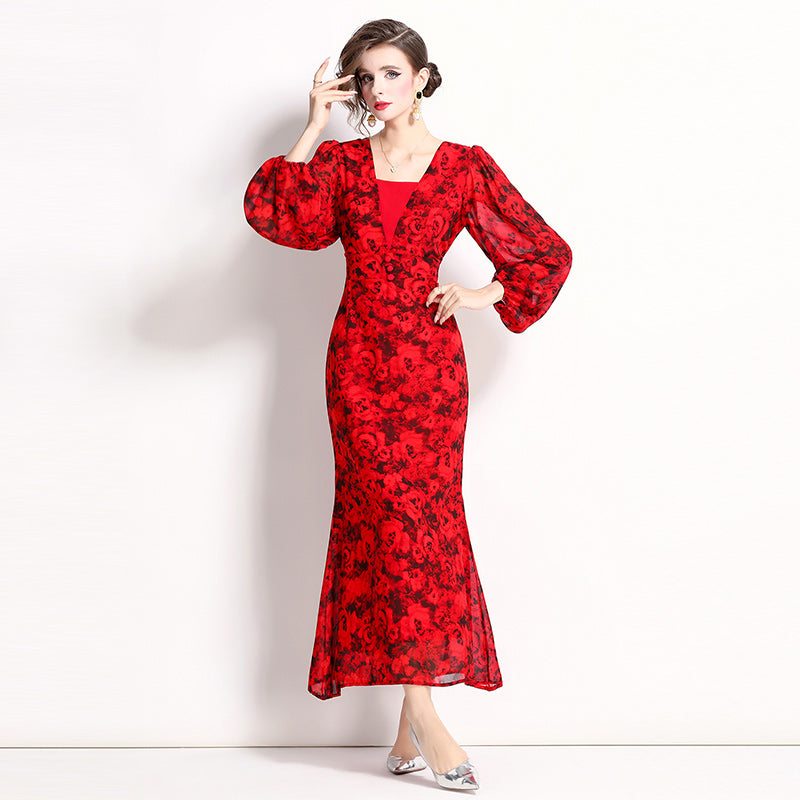 CM-DY022498 Women Elegant European Style Floral Print Lantern Sleeve Chiffon Dress