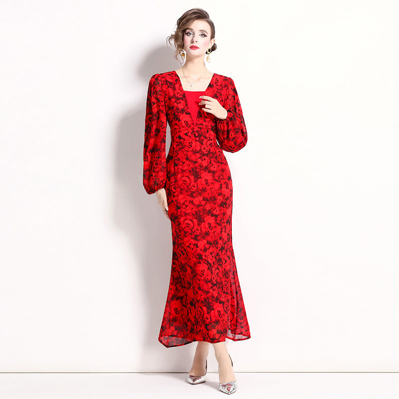 CM-DY022498 Women Elegant European Style Floral Print Lantern Sleeve Chiffon Dress