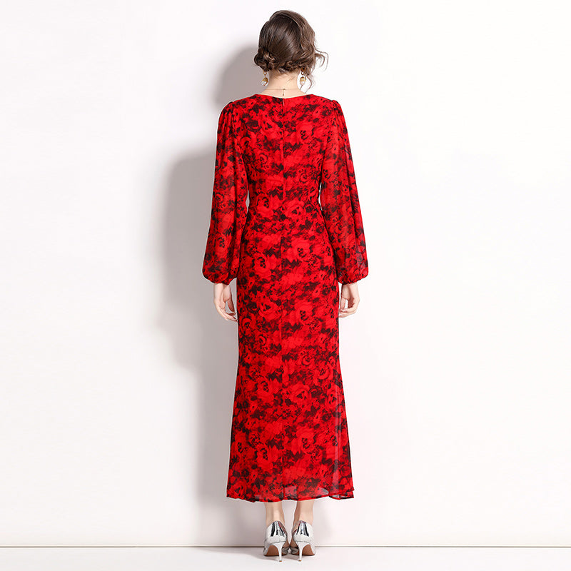 CM-DY022498 Women Elegant European Style Floral Print Lantern Sleeve Chiffon Dress
