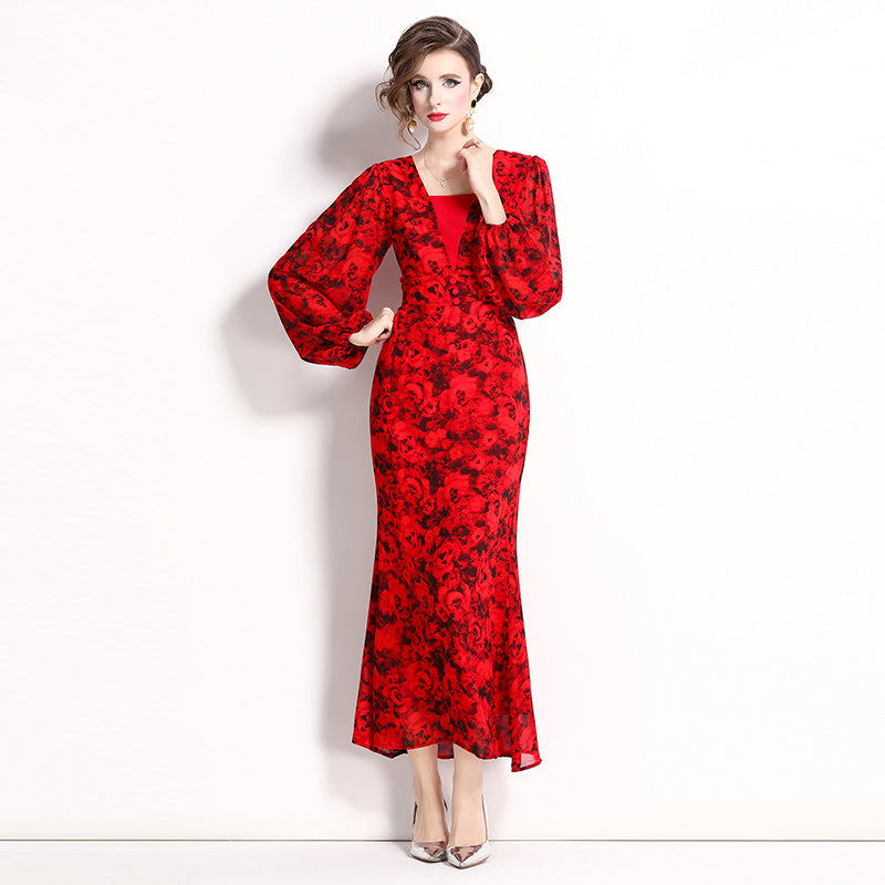 CM-DY022498 Women Elegant European Style Floral Print Lantern Sleeve Chiffon Dress