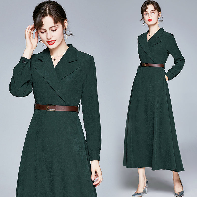 CM-DY022806 Women Elegant European Style Suit Collar Long Sleeve High Waist Midi Dress - Olive Green