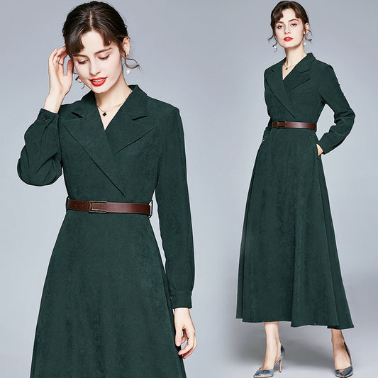 CM-DY022806 Women Elegant European Style Suit Collar Long Sleeve High Waist Midi Dress - Olive Green