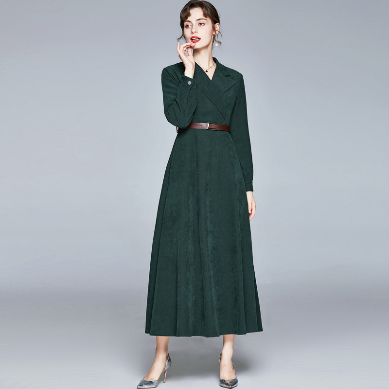 CM-DY022806 Women Elegant European Style Suit Collar Long Sleeve High Waist Midi Dress - Olive Green