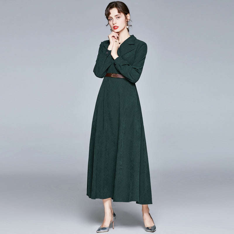 CM-DY022806 Women Elegant European Style Suit Collar Long Sleeve High Waist Midi Dress - Olive Green