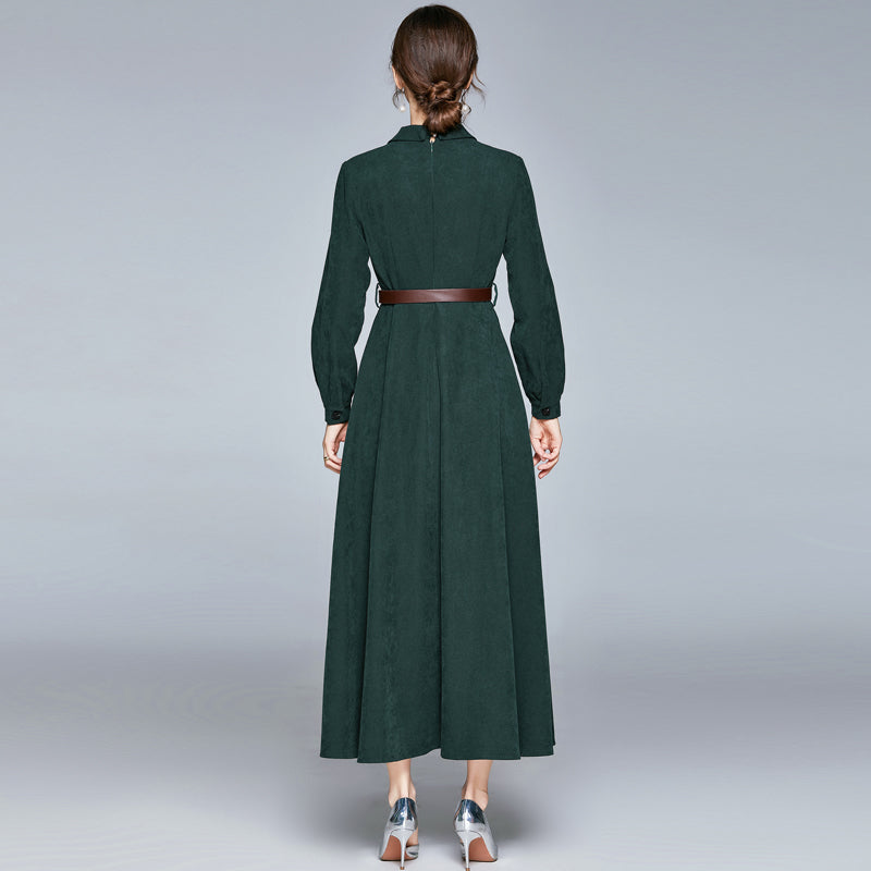 CM-DY022806 Women Elegant European Style Suit Collar Long Sleeve High Waist Midi Dress - Olive Green