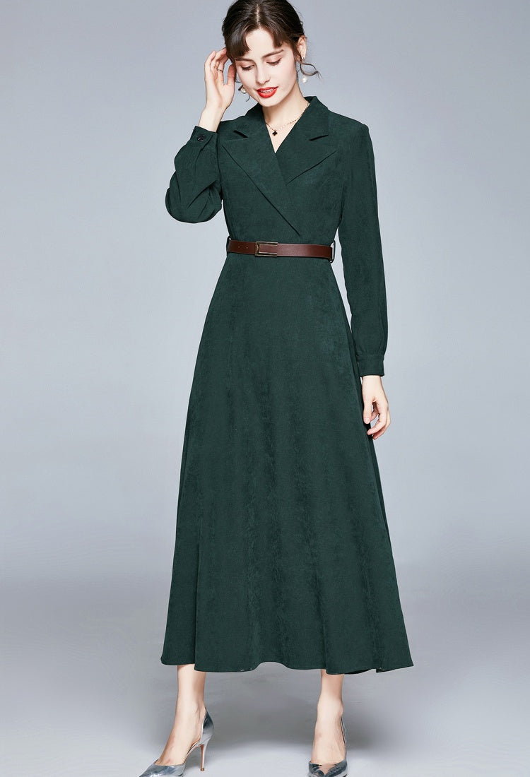 CM-DY022806 Women Elegant European Style Suit Collar Long Sleeve High Waist Midi Dress - Olive Green
